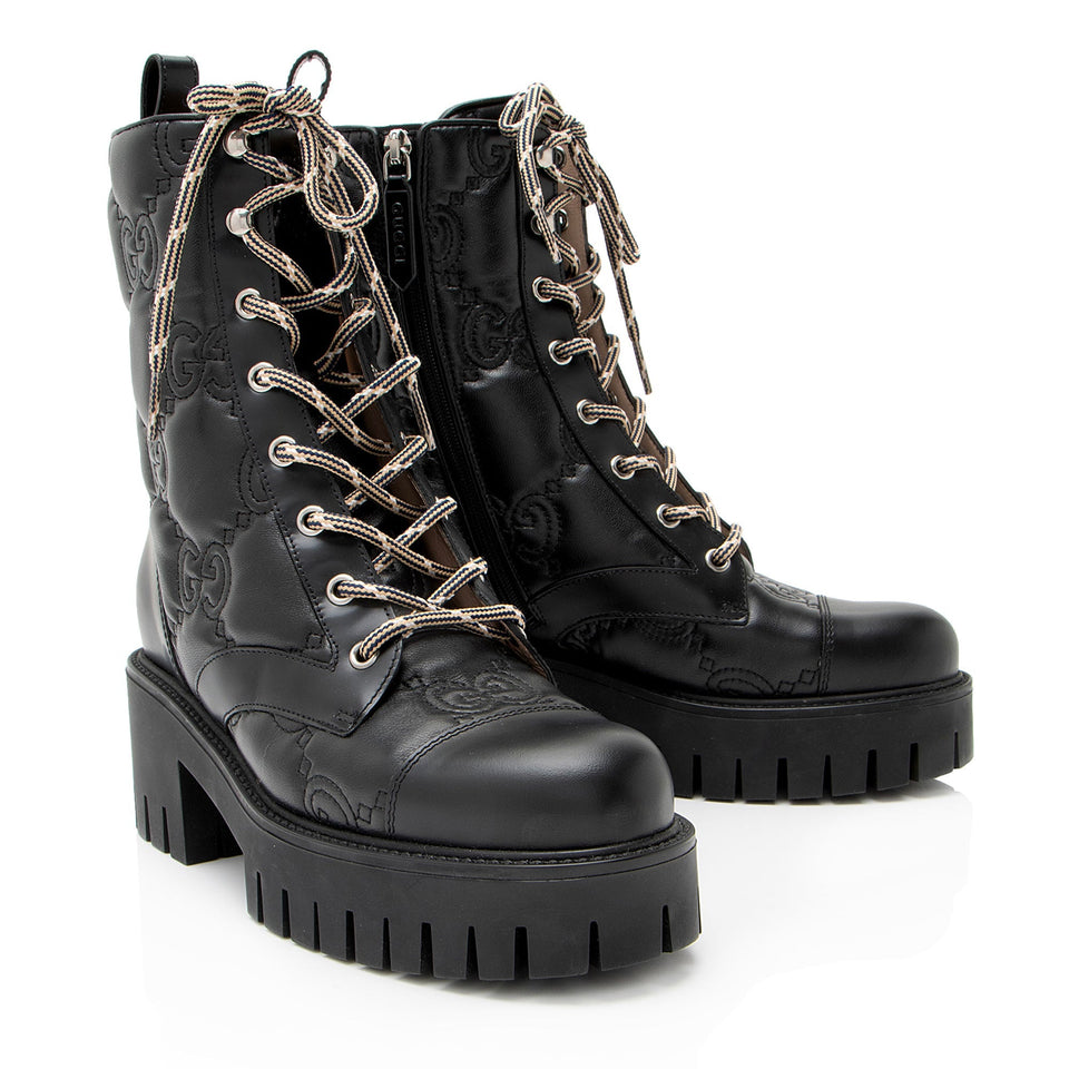 Gucci Jumbo GG Leather Combat Boots - Size 7 / 37