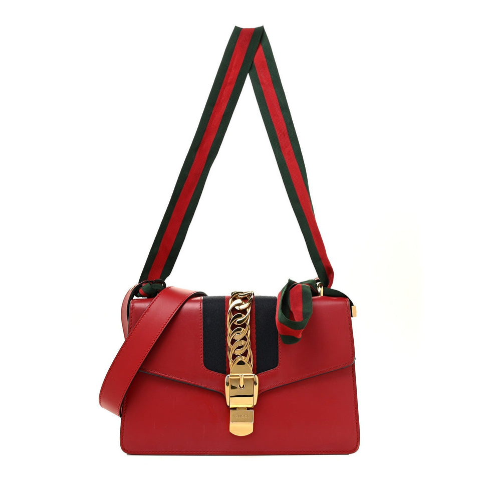 Gucci CALFSKIN LEATHER WEB MEDIUM SYLVIE SHOULDER BAG