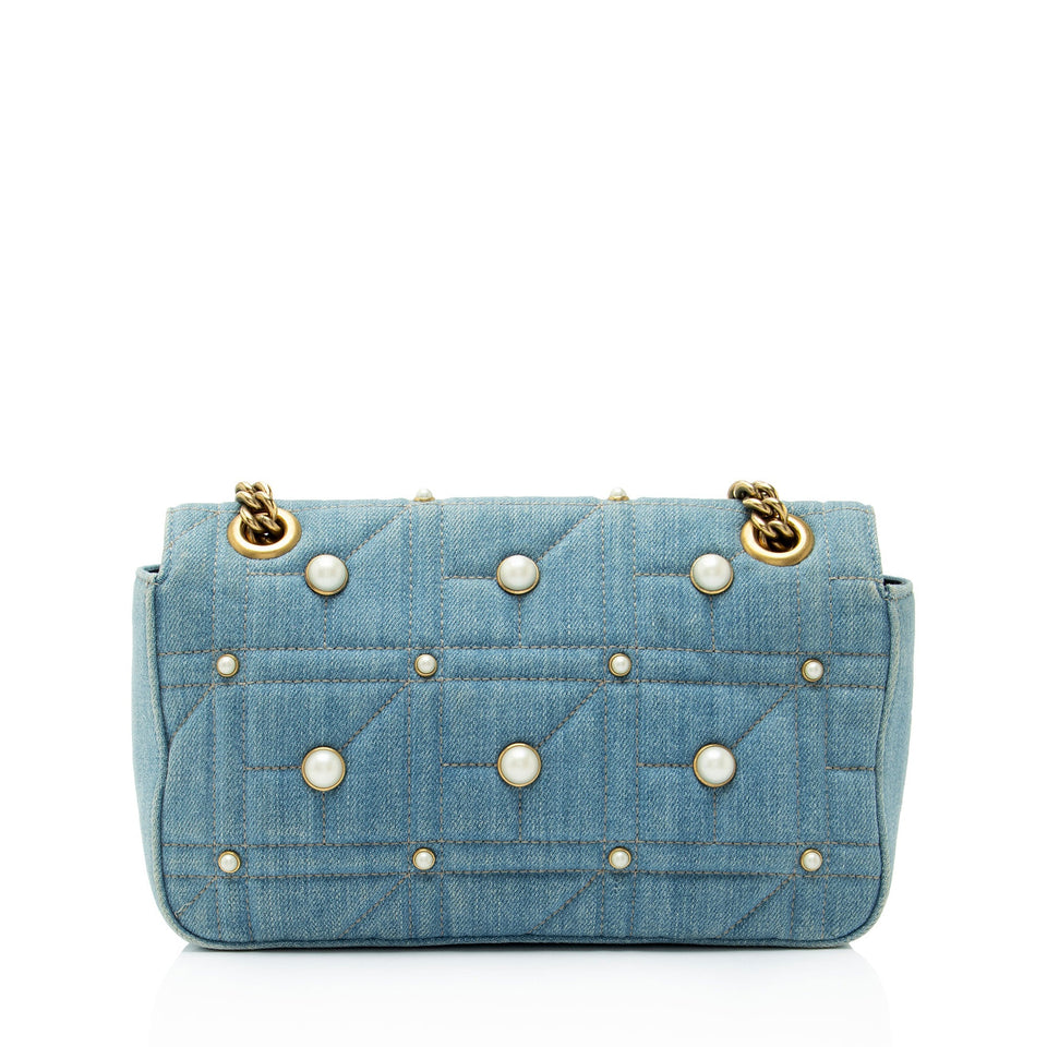 Gucci Matelasse Denim Pearl GG Marmont Medium Flap Bag