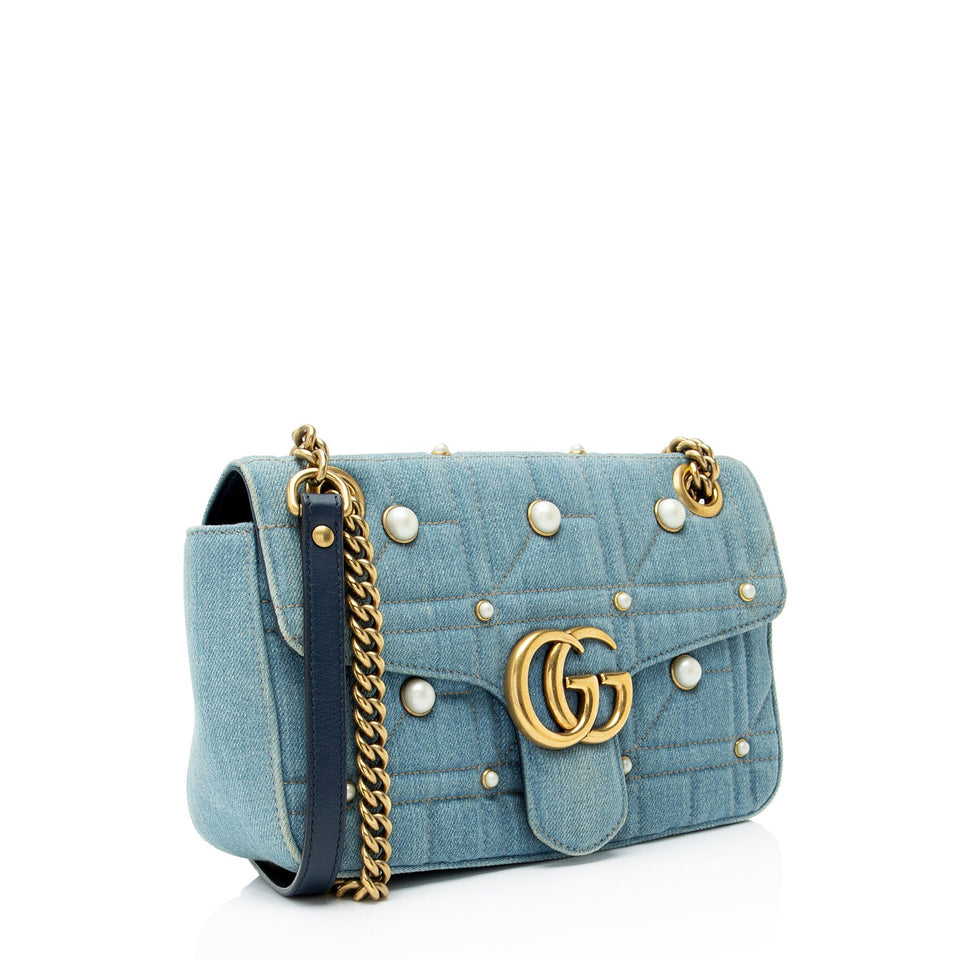Gucci Matelasse Denim Pearl GG Marmont Medium Flap Bag