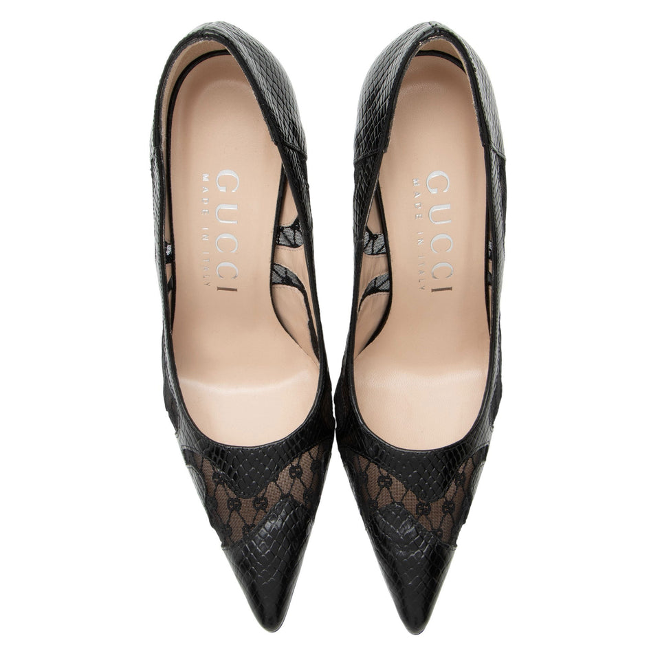 Gucci Snake Embossed Leather Lace Pumps - Size 7.5 / 37.5