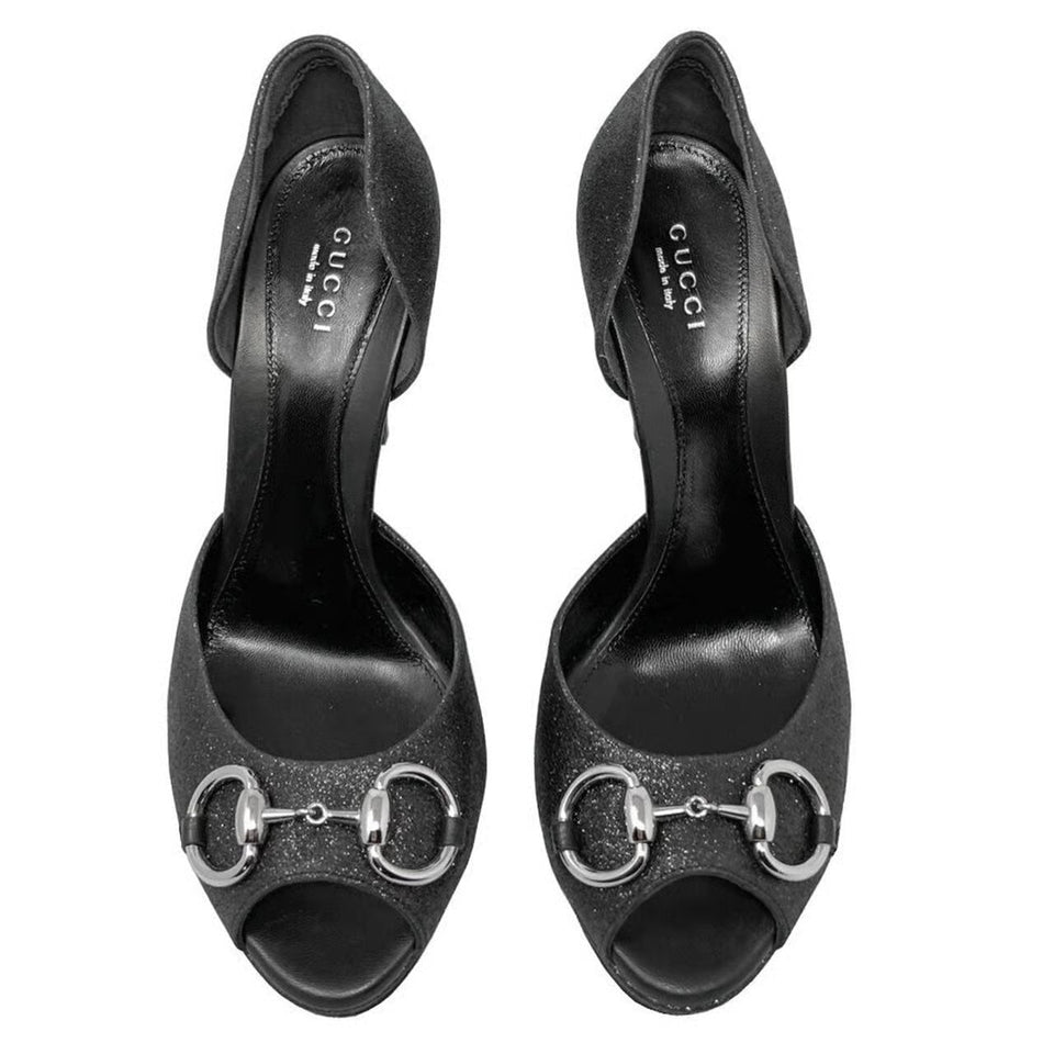Gucci STARDUST CHARLOTTE GLITTER HORSEBIT D'ORSAY PEEP-TOE PUMPS