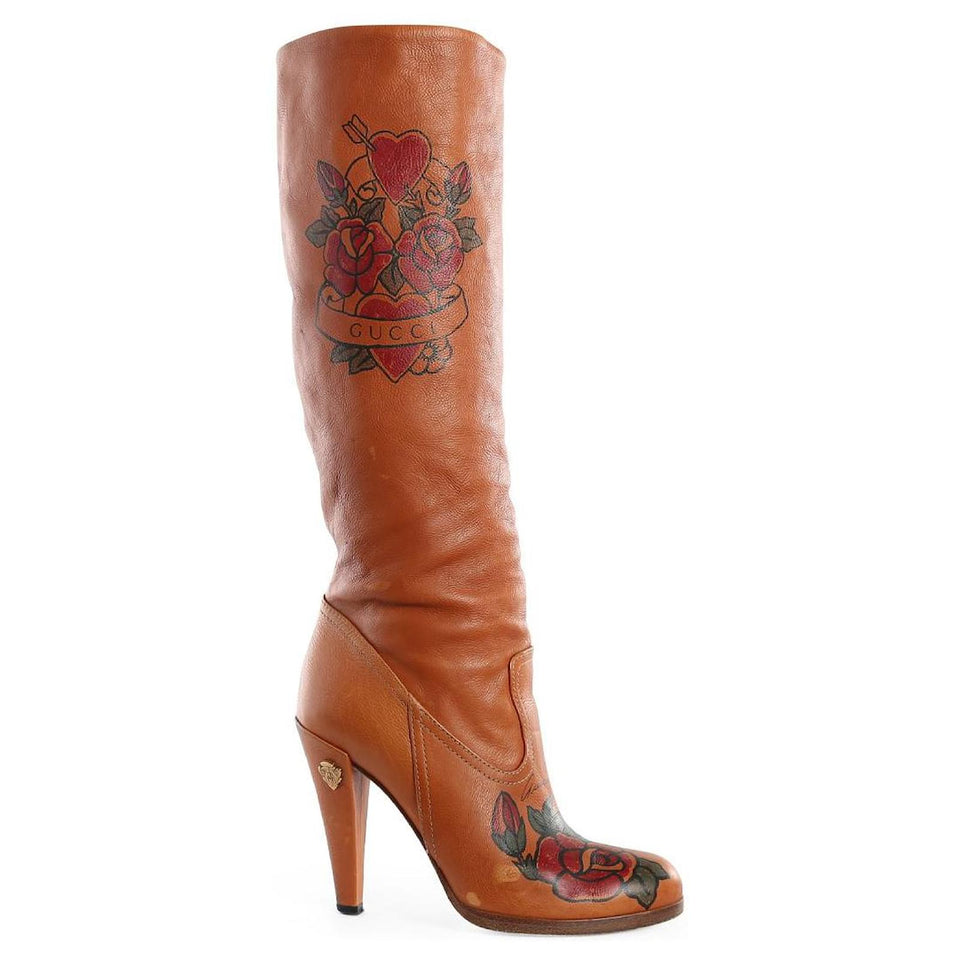 Gucci TAN LEATHER TATTOO ROSE TALL BOOTS