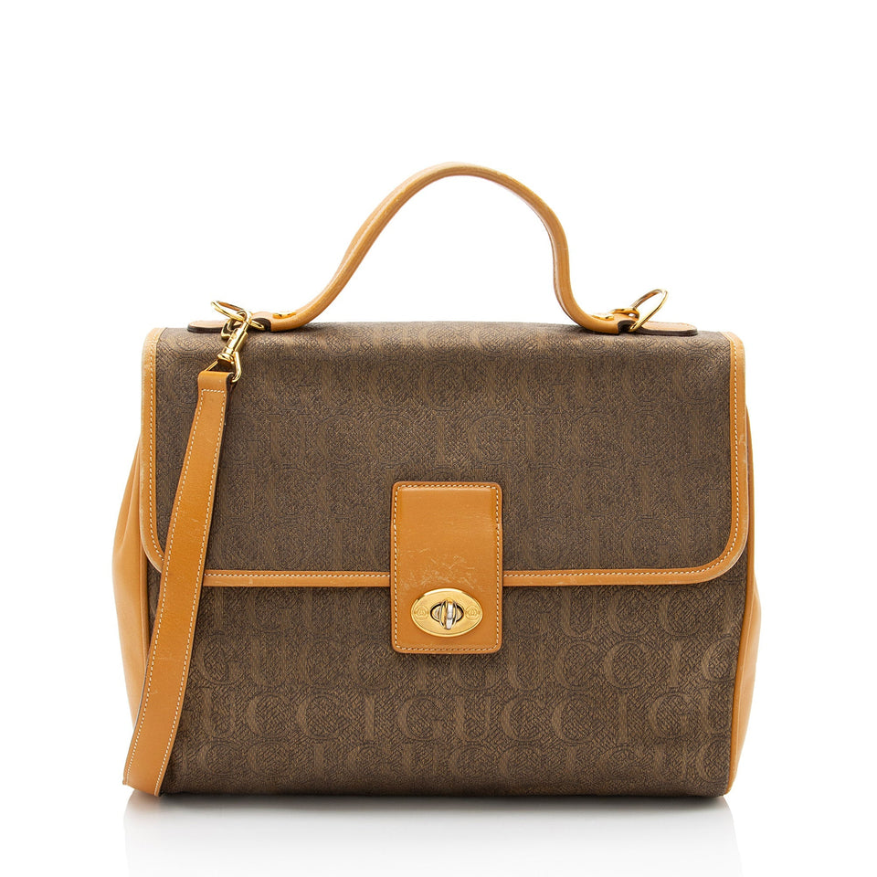 Gucci Vintage Jacquard Logo Leather Turnlock Top Handle