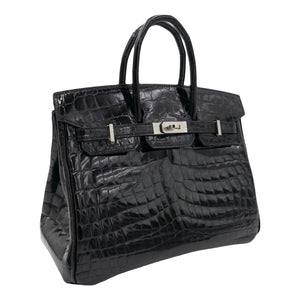 Hermes25cm Birkin Black Shiny Niloticus Crocodile Palladium Hardware