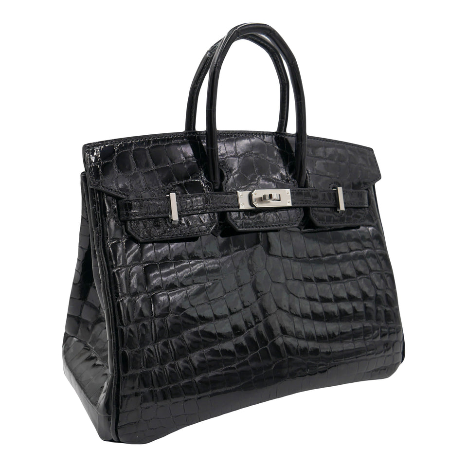 Hermes25cm Birkin Black Shiny Niloticus Crocodile Palladium Hardware
