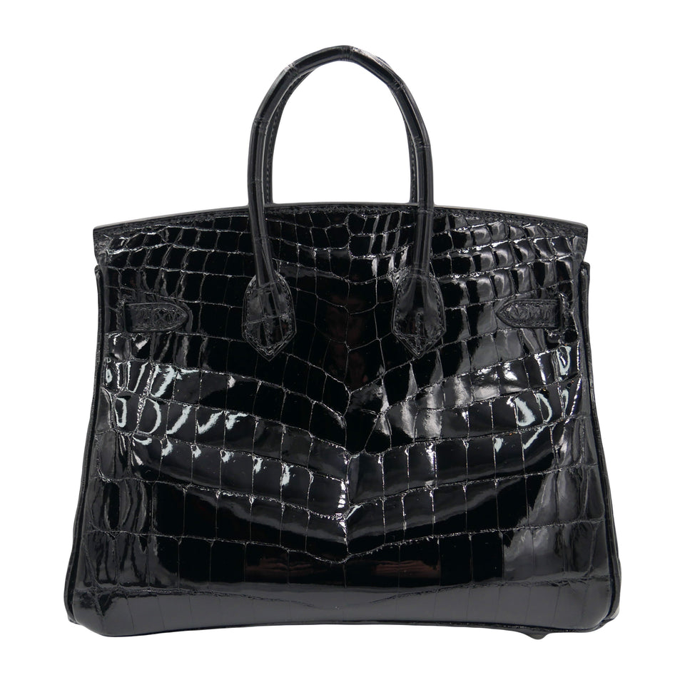 Hermes25cm Birkin Black Shiny Niloticus Crocodile Palladium Hardware
