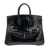Hermes25cm Birkin Black Shiny Niloticus Crocodile Palladium Hardware