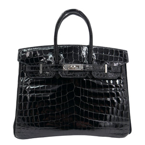 Hermes25cm Birkin Black Shiny Niloticus Crocodile Palladium Hardware