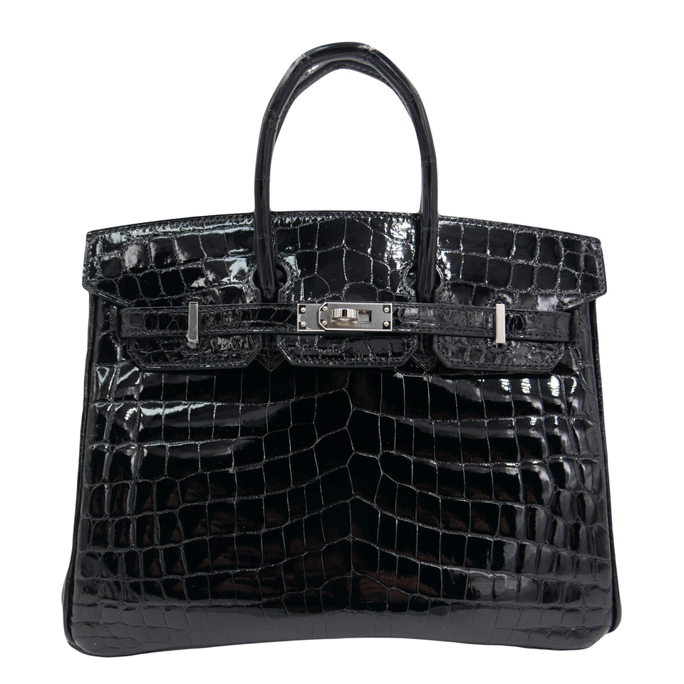 Hermes25cm Birkin Black Shiny Niloticus Crocodile Palladium Hardware