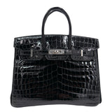 Hermes25cm Birkin Black Shiny Niloticus Crocodile Palladium Hardware