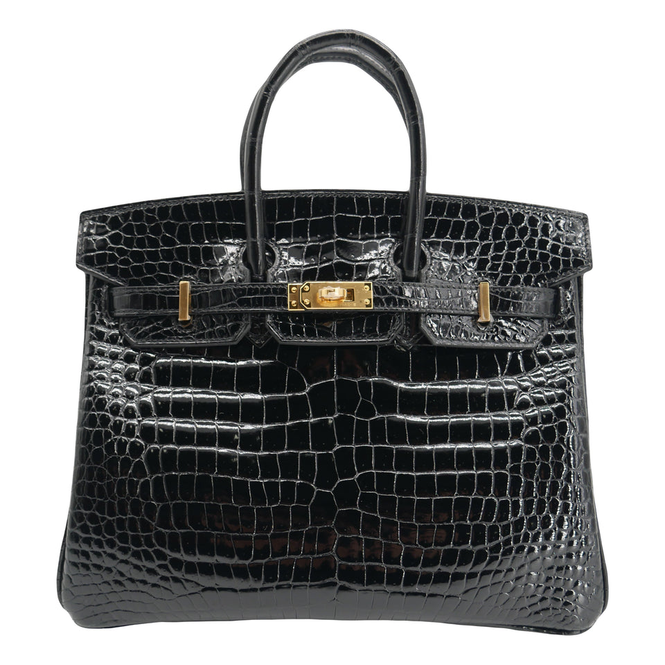Hermes25cm Birkin Black Shiny Porosus Crocodile Gold Hardware