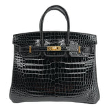 Hermes25cm Birkin Black Shiny Porosus Crocodile Gold Hardware