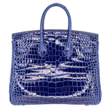 Hermes25cm Birkin Bleu Saphir Shiny Porosus Crocodile Gold Hardware