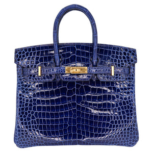 Hermes25cm Birkin Bleu Saphir Shiny Porosus Crocodile Gold Hardware