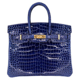 Hermes25cm Birkin Bleu Saphir Shiny Porosus Crocodile Gold Hardware