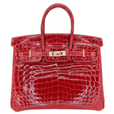 Hermes25cm Birkin Braise Shiny Niloticus Crocodile Yellow Gold Diamond Hardware