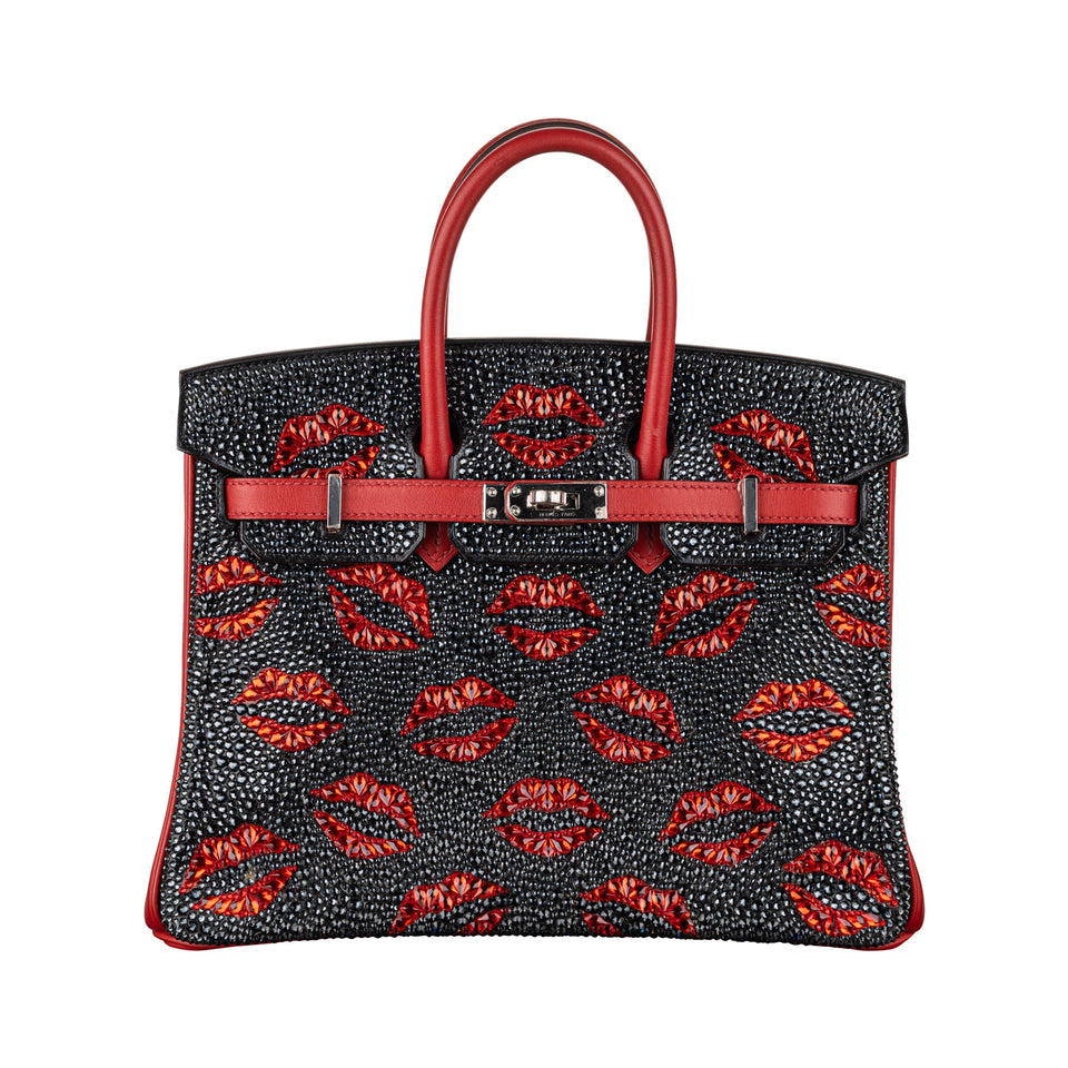 Hermes25cm Birkin Customized "Kiss Me" Lips Swarovski Crystal Palladium Hardware