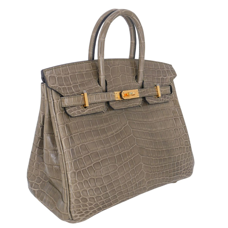Hermes25cm Birkin Gris Tourterelle Shiny Niloticus Crocodile Gold Hardware