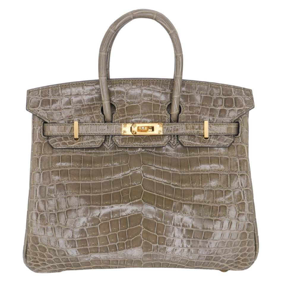 Hermes25cm Birkin Gris Tourterelle Shiny Niloticus Crocodile Gold Hardware