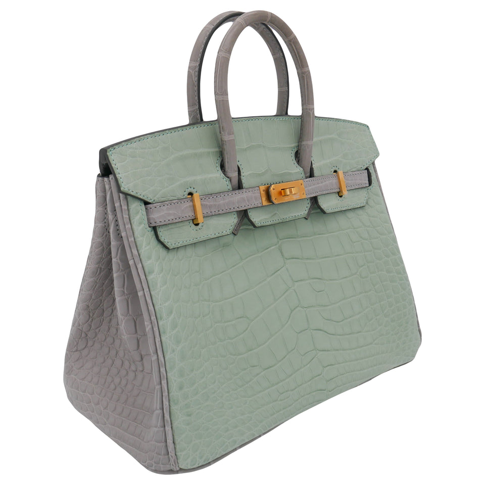 Hermes25cm Birkin HSS Vert D'eau/ Gris Perle Matte Alligator Brushed Gold Hardware