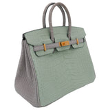 Hermes25cm Birkin HSS Vert D'eau/ Gris Perle Matte Alligator Brushed Gold Hardware