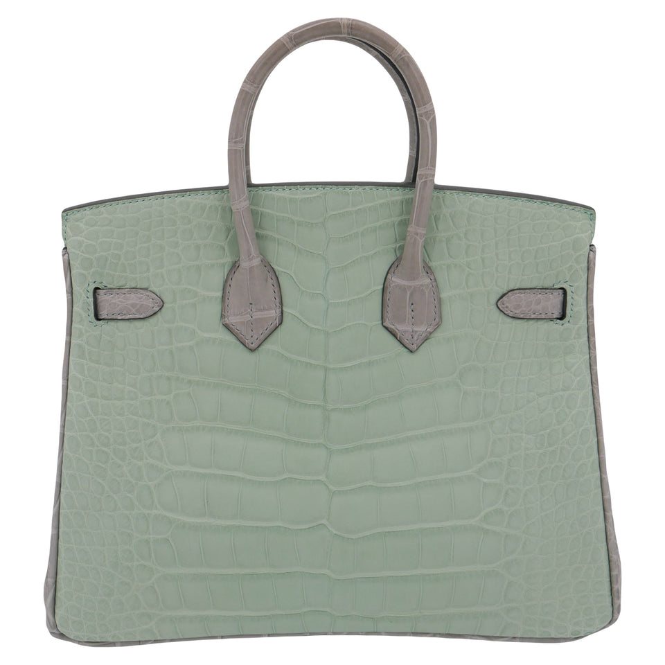 Hermes25cm Birkin HSS Vert D'eau/ Gris Perle Matte Alligator Brushed Gold Hardware
