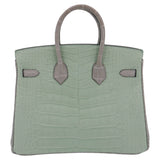Hermes25cm Birkin HSS Vert D'eau/ Gris Perle Matte Alligator Brushed Gold Hardware