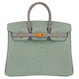 Hermes25cm Birkin HSS Vert D'eau/ Gris Perle Matte Alligator Brushed Gold Hardware