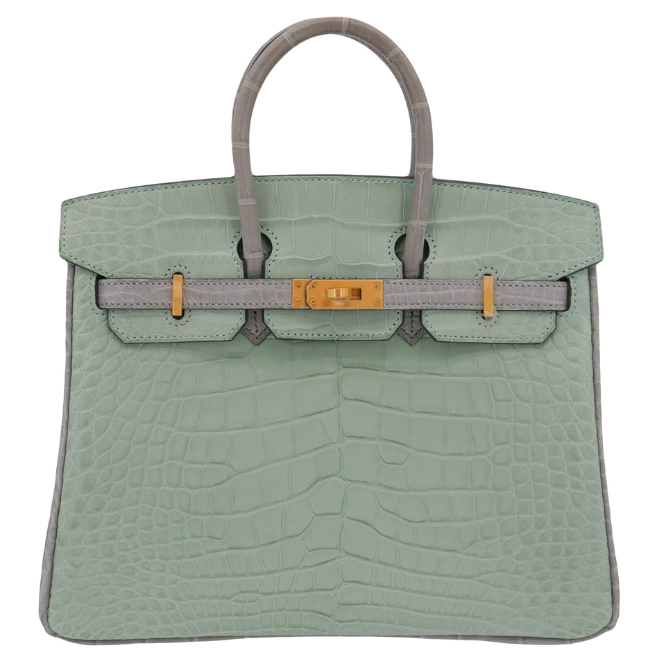 Hermes25cm Birkin HSS Vert D'eau/ Gris Perle Matte Alligator Brushed Gold Hardware