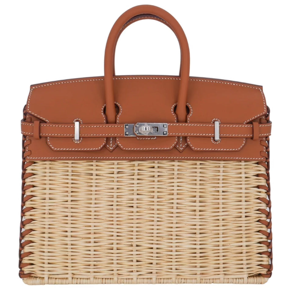 Hermes25cm Birkin Picnic Gold Swift Leather/ Osier Wicker Palladium Hardware