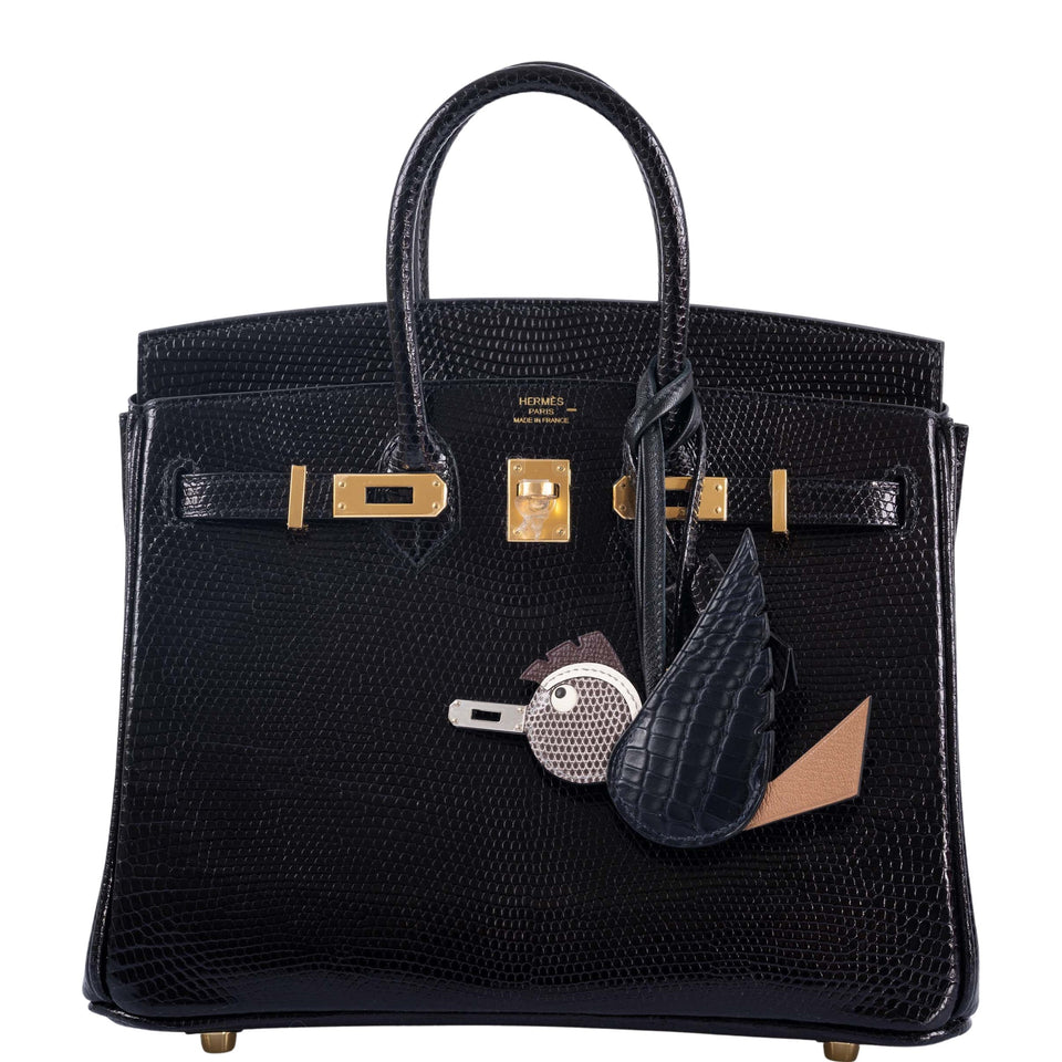 Hermes Birkin 25 Black Shiny Nilo Lizard Gold Hardware