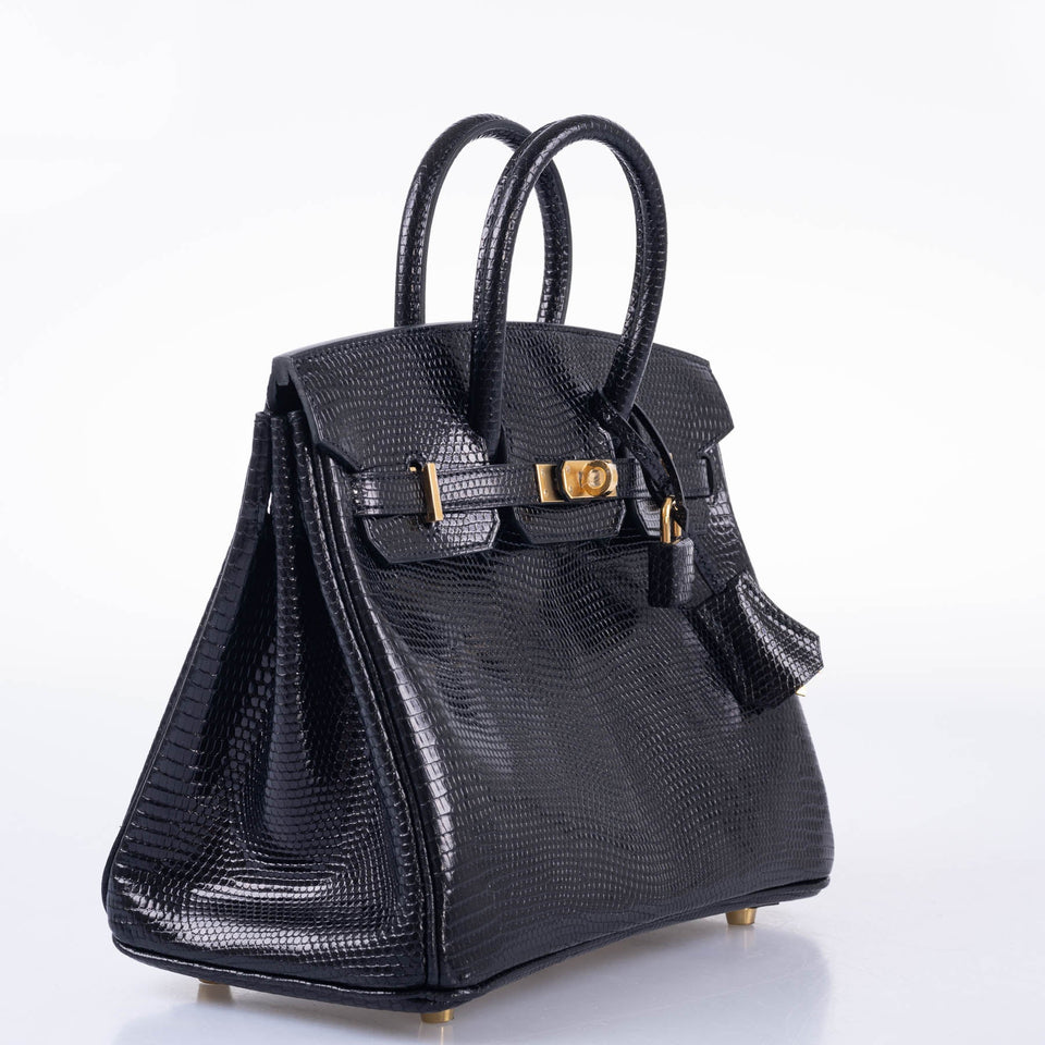 Hermes Birkin 25 Black Shiny Nilo Lizard Gold Hardware