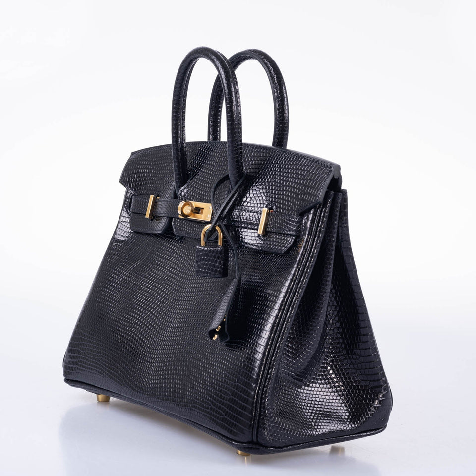 Hermes Birkin 25 Black Shiny Nilo Lizard Gold Hardware