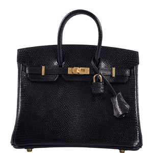 Hermes Birkin 25 Black Shiny Nilo Lizard Gold Hardware
