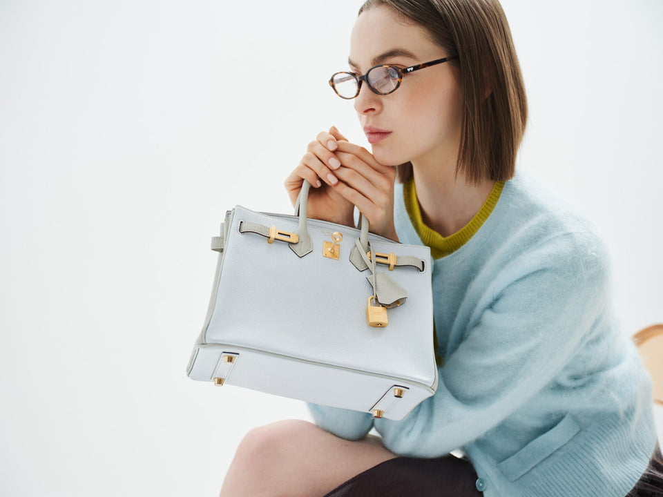 Hermes Birkin 25 HSS Blue Brume and Gris Pale Chèvre with Brushed Gold Hardware
