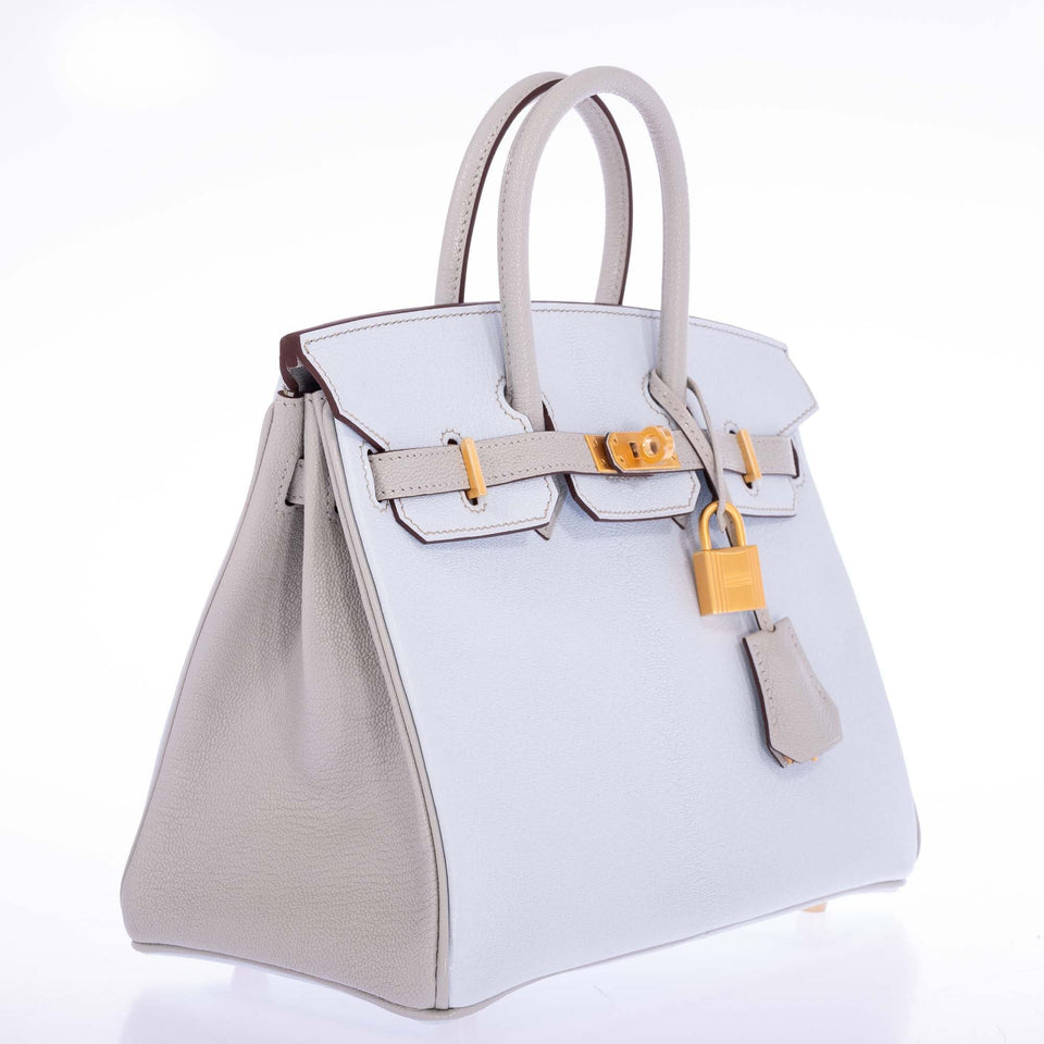 Hermes Birkin 25 HSS Blue Brume and Gris Pale Chèvre with Brushed Gold Hardware
