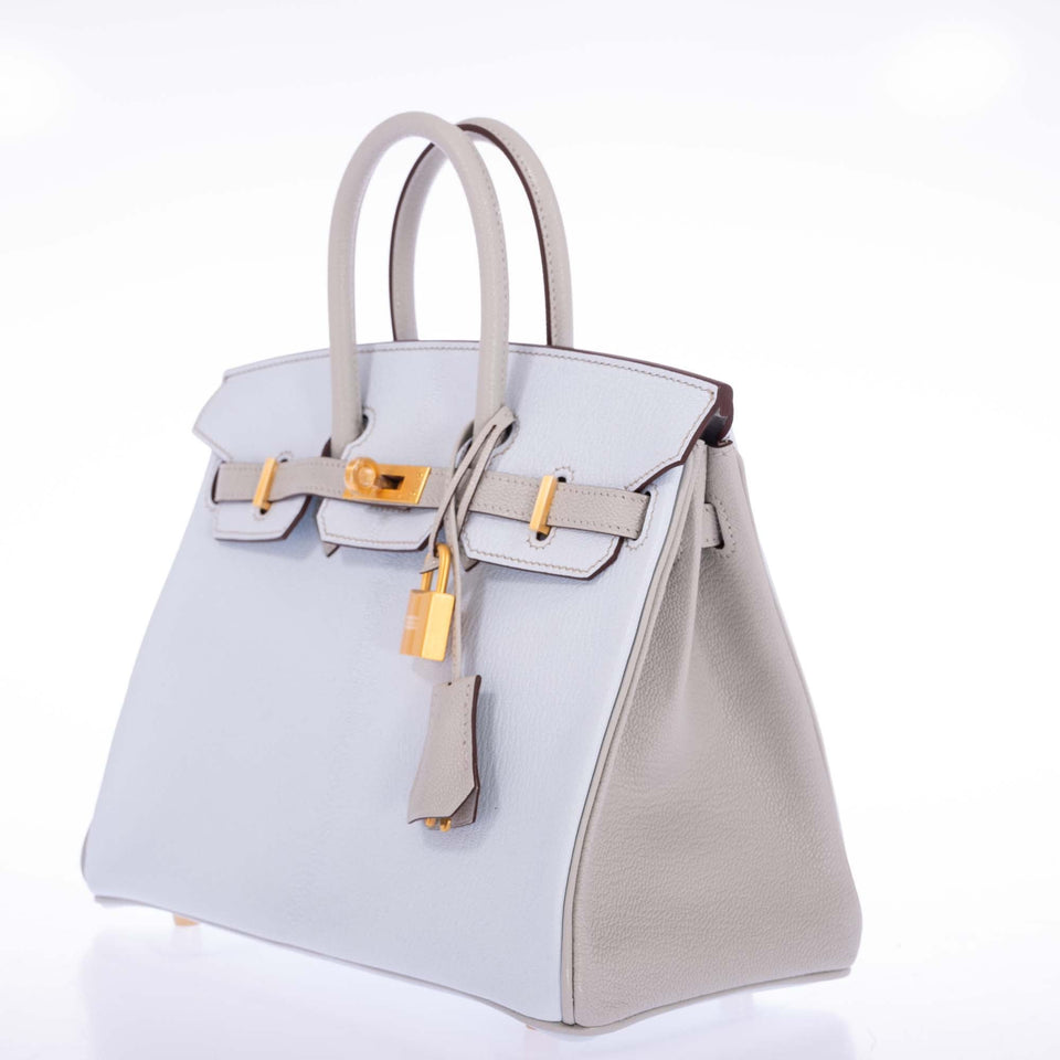 Hermes Birkin 25 HSS Blue Brume and Gris Pale Chèvre with Brushed Gold Hardware