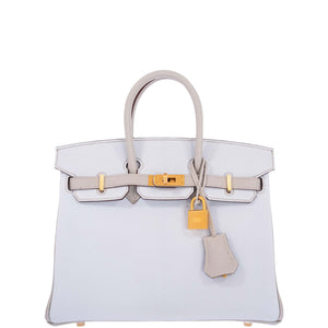 Hermes Birkin 25 HSS Blue Brume and Gris Pale Chèvre with Brushed Gold Hardware