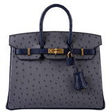 Hermes Birkin 25 HSS Gris Agate & Blue Iris Ostrich Gold Hardware - 2018, C