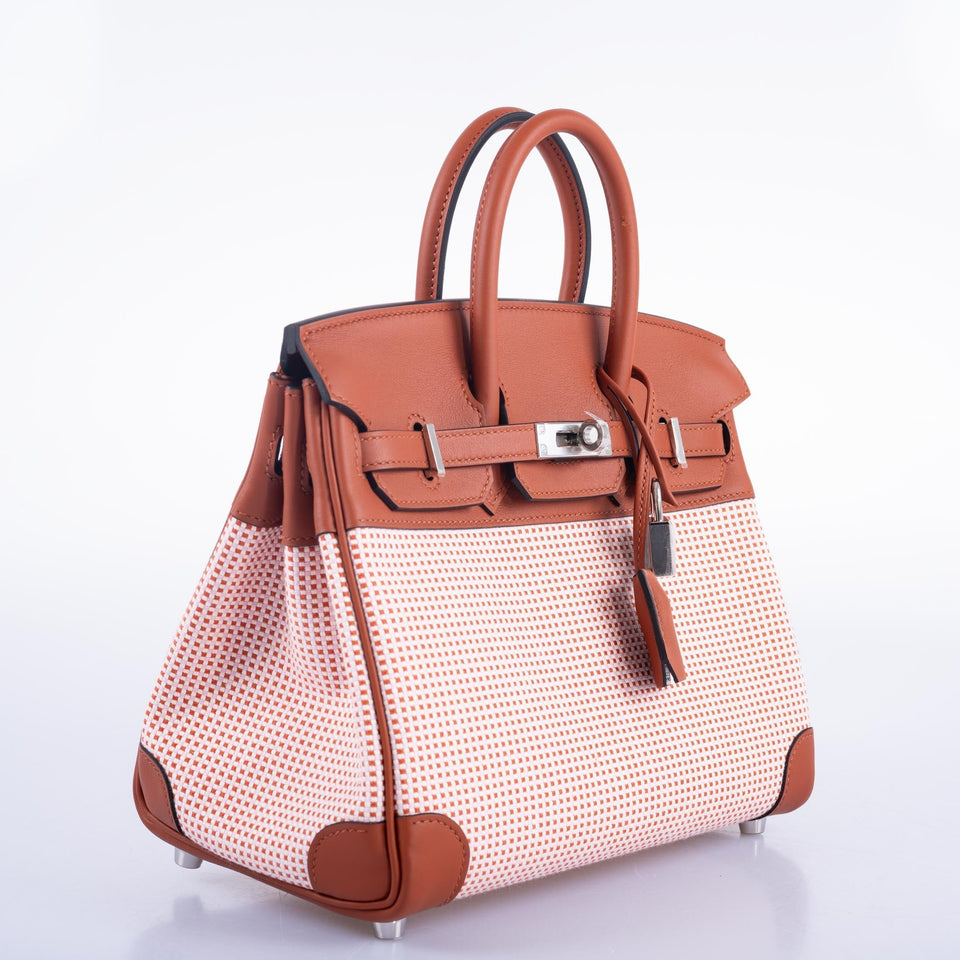 Hermes Birkin 25 Limited Edition Brique, Écru, Mauve Sylvestre Toile Quadrille and Terre Battue Swift Leather Palladium Hardware