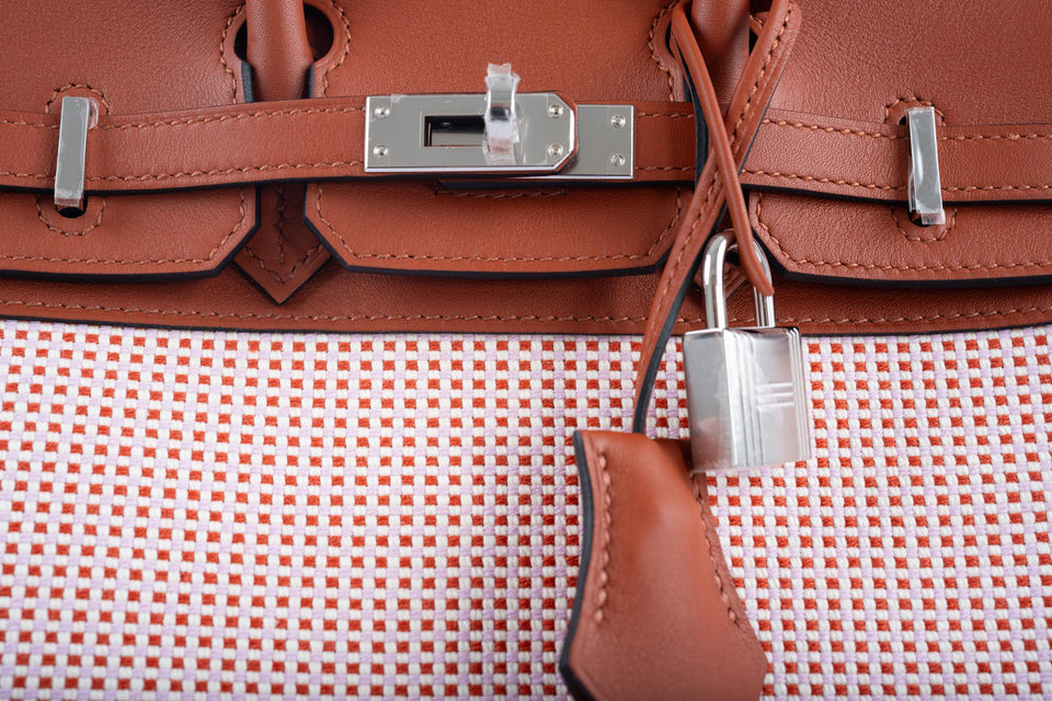 Hermes Birkin 25 Limited Edition Brique, Écru, Mauve Sylvestre Toile Quadrille and Terre Battue Swift Leather Palladium Hardware