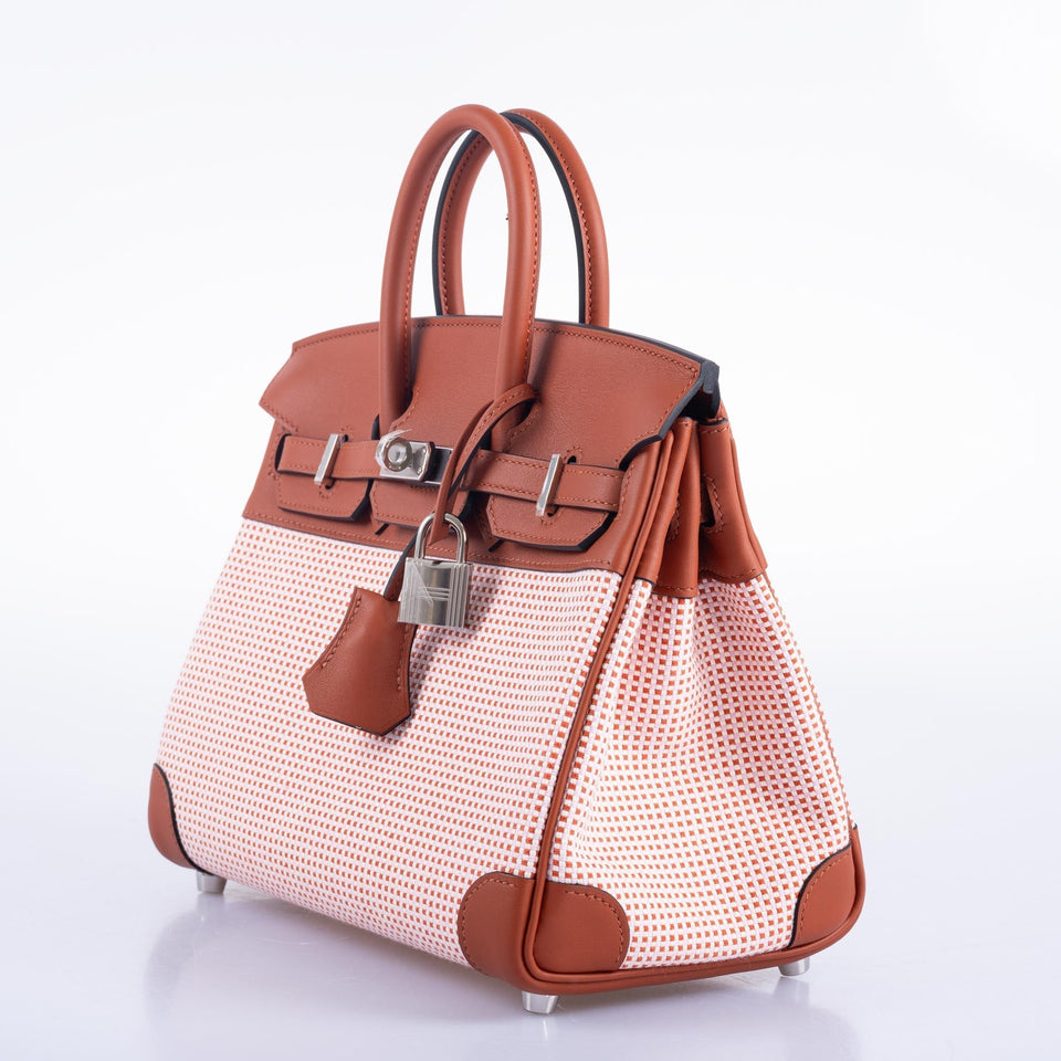 Hermes Birkin 25 Limited Edition Brique, Écru, Mauve Sylvestre Toile Quadrille and Terre Battue Swift Leather Palladium Hardware