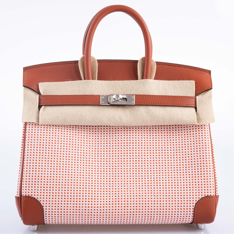 Hermes Birkin 25 Limited Edition Brique, Écru, Mauve Sylvestre Toile Quadrille and Terre Battue Swift Leather Palladium Hardware