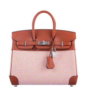 Hermes Birkin 25 Limited Edition Brique, Écru, Mauve Sylvestre Toile Quadrille and Terre Battue Swift Leather Palladium Hardware