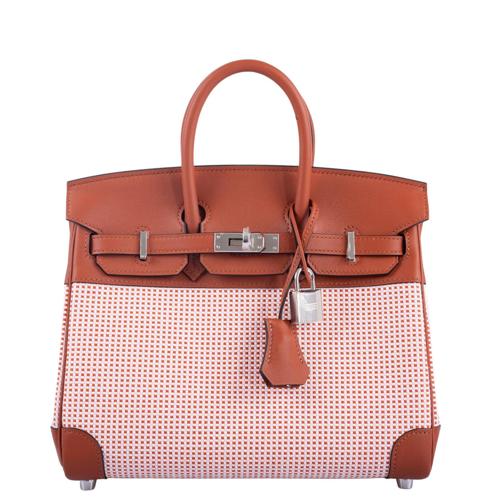 Hermes Birkin 25 Limited Edition Brique, Écru, Mauve Sylvestre Toile Quadrille and Terre Battue Swift Leather Palladium Hardware