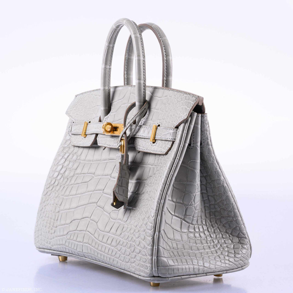 Hermes Birkin 25 Matte Gris Perle Alligator Gold Hardware