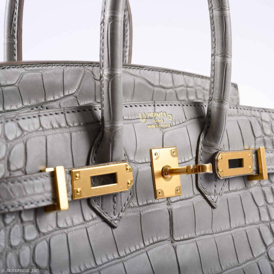Hermes Birkin 25 Matte Gris Perle Alligator Gold Hardware
