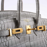 Hermes Birkin 25 Matte Gris Perle Alligator Gold Hardware