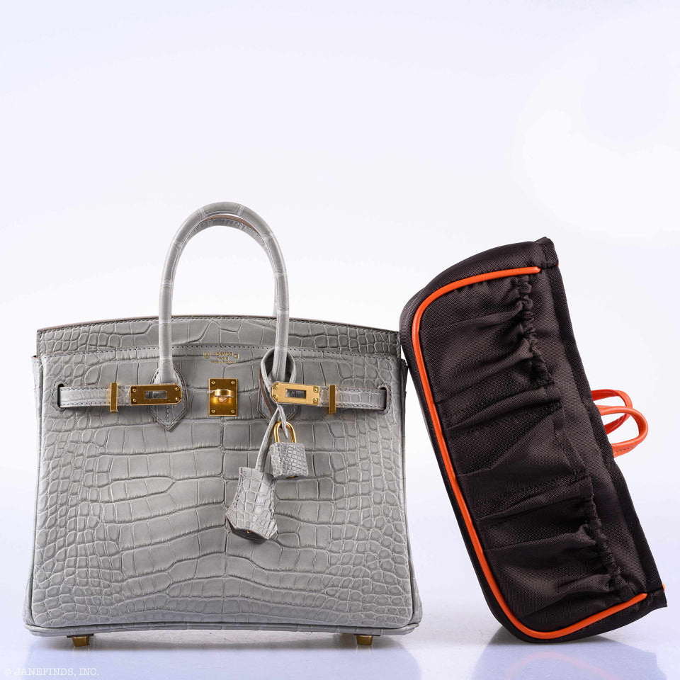 Hermes Birkin 25 Matte Gris Perle Alligator Gold Hardware